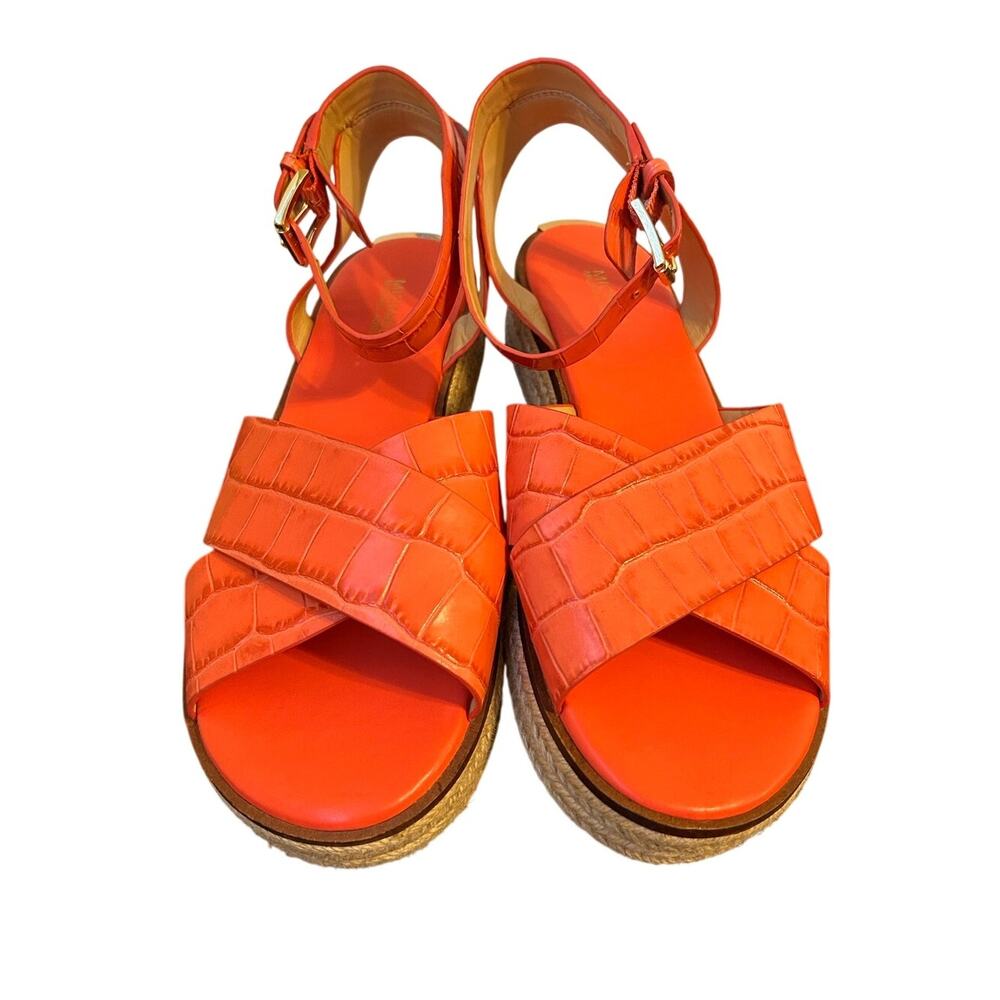 Michael Kors Abbott Croc-Embossed Leather Espadrille Platform Sandals, coral 9